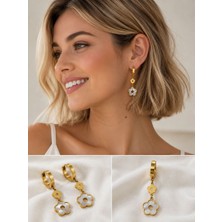 Gold Çelik Beyaz Sedefli Ikili Çiçek Sallantılı Halka Küpe