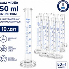 Labolist Cam Mezür 50 ml Uzun Form A Kalite Borosilikat Laboratuvara Uygun 10 Adet
