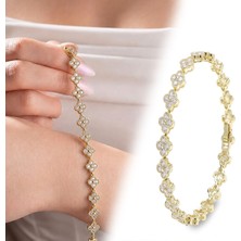 Fm 💎 Premium Parlak Altın Renk 8 mm Beyaz Zirkon Taşlı Çiçek Kadın Bijuteri Bileklik 3183KBV6D2 (~18CM)