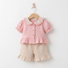 Tufitto Kız Bebek %100 Pamuk Müslin Şortlu Takım Pembe Fırfırlı Bebe Yaka Yazlık 2'li Takım 9-24 Ay