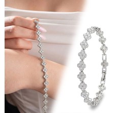 Fm 💎 Premium Parlak Gümüş Renk 8 mm Zirkon Taş Çiçek Model Kadın Bijuteri Bileklik 3183KBV6D4 (~18CM)