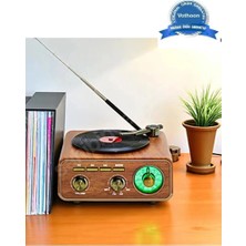 Herşey Trend Nostaljik Tasarım Plak Çalar Görünümlü Radyolu Bluetooth Hoparlör Retro Müzik Plak Açık Kahverengi