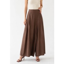 Warasiva Kadın Kahverengi %100 Tencel Beli Lastikli Çift Cepli Etek Görünümlü Pantolon