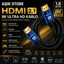 AŞIK STORE HDMI 2.1 Kablo 1.8 Metre 8k Ultra Hd 48GBPS Earc Hdr Vrr 4K 120Hz Altın Uçlu Ps5 Xbox Series x Yüksek Hızlı HDMI Kablo