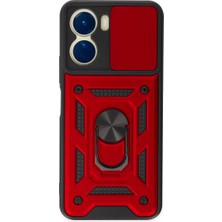 Newface Vivo Y16 Kılıf Pars Lens Yüzüklü Silikon - Kırmızı