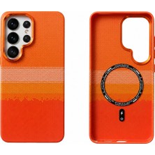 Arkay Samsung Galaxy S24 Ultra Uyumlu Magsafe Mıknatıslı Karbon Fiber Turuncu-Kırmızı Desenli Premium Kılıf Darbe Emici Aleminyum Kamera Çerçevesi ve Aleminyum Tuşlar