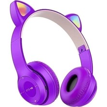 Fantastik Store P47M Kedili Katlanabilir Kulak Üstü Kablosuz Bluetooth 5.0 Kulaklık Ledli Çocuk Kulaklık Mor