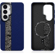 Arkay Samsung Galaxy S26 Uyumlu Magsafe Mıknatıslı Karbon Fiber Saks Mavi Desenli Premium Kılıf