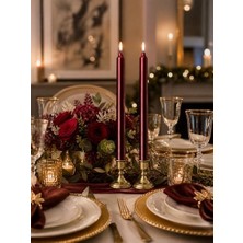 Fantastik Store 2’li Bordo/koyu Kırmızı Metalik Şamdan Mum Seti 25 cm – Dekoratif Ince Şamdan Mum, Kokusuz Parafin WAX,%100 Pamuk Fitil, El Döküm, Uzun Süre Yanma (~10 Saat), Şık Sofra, Davet, Nişan, Düğün