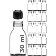 Fantastik Store 30 ml Sızdırmaz Kapaklı Şeffaf Shot Şişesi 30 cc Ginger Şat Beyaz Cam Şişe 20 Adet (Kilitli Plastik Siyah Kapak)