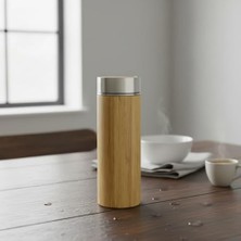 Fantastik Store 450 ml Bambu Kaplamalı Çelik Termos - Klasik Bardak Kapaklı Sıcak ve Soğuk Tutucu Seyahat Termosu
