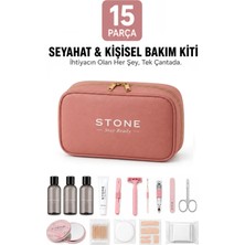 Stone 15 Parça Seyahat Ve Kişisel Bakım Kiti Makyaj Organizer Çantası Seti Pembe