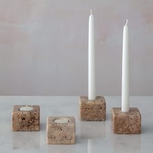 Fantastik Store Doğal Traverten Mermer Şamdan Mumluk 4lü Set Silver