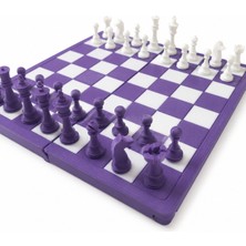 Katlanabilir Mini Satranç Takımı | 21 x 21 cm | Taş Saklama Bölmeli | Seyahat Tipi Taşınabilir Satranç Seti | Mor Beyaz