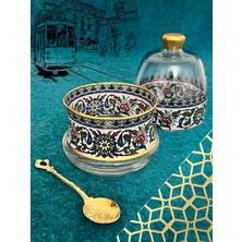 AyrStore Altın Bitkisel Çini Motifli Tekli Alt ve Kapak 2 Parça Şekerlik Lokumluk Metal Kaşık Hediye