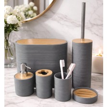 AyrStore 6 Parça Banyo Seti, Bambu Detaylı, 8l Çöp Kovası 24X26X16 cm (Gri)