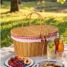 AyrStore Porsima PBT-921 Oval Form Nostaljik Piknik Sepeti - Pötikare Astarlı Çift Kapaklı Hasır Piknik