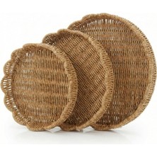 AyrStore Amberhaus 3'lü Doğal Rattan Örgü Yuvarlak Tepsi Seti - Hasır Sunum ve Servis Tepsisi - Bohem De