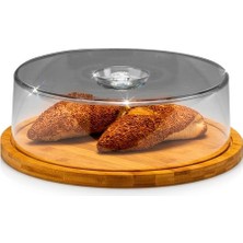 AyrStore Bambu Tabanlı Yuvarlak Fanus Pasta Standı, Şeffaf Akrilik Kapaklı, Kek ve Ekmek Sunum Tabağı