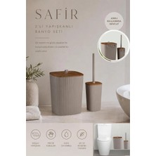 Okyanus Home Safir Yapışkanlı Ahşap Detaylı Wc Fırçalık ve Çöp Kovası Seti Vizon 2'li Banyo Seti
