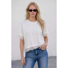 Shopping Shop Yaka Ve Kolları Kısa Dantelli Bluz EKRU
