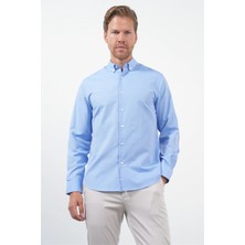 İmza Mavi Düğmeli Yaka Uzun Kol Slim Fit Pamuklu Gömlek 1004260235