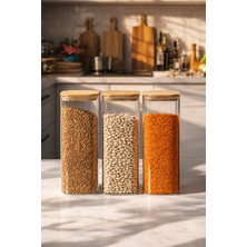 Porsima 7-3 Bambu Vakumlu Kapaklı Kare Borsilikat Cam 3lü Kavanoz Seti Saklama Kabı 1900ML 9,5X27CM