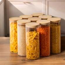 Porsima 4-3 Bambu Vakumlu Kapaklı Yuvarlak Borosilikat Cam 9lu Kavanoz Seti Saklama Kabı 2100ML 10X30CM