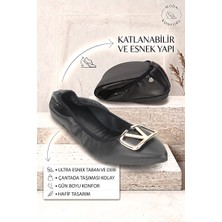 Gökhan Talay Naelle Katlanabilir Esnek Yumuşak Kaymaz Taban Siyah Cilt V Toka Detaylı Sivri Burun Kadın Babet Ayakkabı