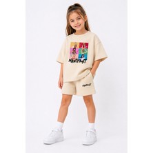 Fasardi Manifest Girls M6NIFESTGIRLS Baskılı Oversize %100 Pamuk Tişört Şort 2li Çocuk Takım