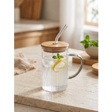 Tohana Bambu Kapaklı Cam Pipetli Kupa 420 Ml Gri
