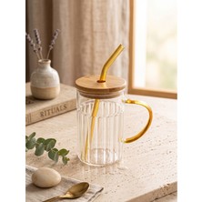 Tohana Bambu Kapaklı Cam Pipetli Kupa 420 Ml Gri