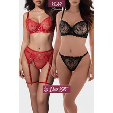 Valunor Duo Set Kırmızı Jartiyer ve Siyah Fantazi Seksi Iç Çamaşır Takımı 2’li Set - SET3