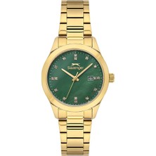 Slazenger Kadın Kol Saati Altın Renk Paslanmaz Çelik Metal Kordon Zümrüt Yeşili Kadran 32MM Quartz Mekanizma Mineral Cam 5 Atm Su Geçirmez