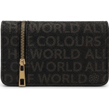 Noux Siyah Yazı Desenli Fermuarlı Unisex Cüzdan