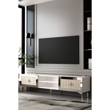 Dekortis Home Dekor 180DHDTSR4BTG Lina Pleksi Lazer Desen Tv Sehpası BEYAZ-TRAVERTEN-GÜMÜŞ