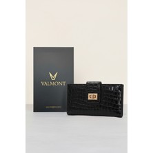 Valmont Özel Kutulu, Timsah Deseni Görünümlü, Kredi Kartı Gözlü Siyah Deri Şık Kadın Cüzdanı
