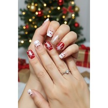 Easy Beauty 24 Adet Kırmızı Yılbaşı Tırnağı Kısa Takma Tırnak Seti Yapıştırıcı Bant Hediyeli R622