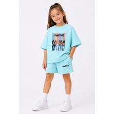 Fasardi Manifest Girls M6nifestgirls Baskılı Oversize %100 Pamuk Tişört Şort 2li Çocuk Takım