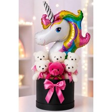 Sole Unicorn Balonlu 6 Peluş Ayıcıklı Premium Hediye Kutusu | Kız Çocukları Için Eğlenceli Doğum Günü Hediyesi