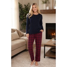 Guava Homewear Kadın Lacivert Bordo Ekose Desen Modal Pamuk Uzun Kol Pijama Takımı