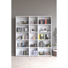 Amine 100 15 Raflı 3 Parça Arkalıklı Geniş Kitaplık Çok Amaçlı Geniş Dolap Beyaz