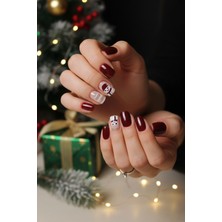 Easy Beauty 24 Adet Yılbaşı Desenli Kırmızı Kısa Takma Tırnak Seti Yapıştırıcı Bant Hediyeli R620