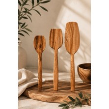 T5rend Evinde Zeytin Ağacı 3'lü Ahşap Spatula Seti | Doğal Tahta Mutfak Spatulası Karıştırma ve Servis Seti
