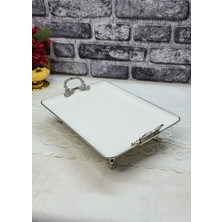 SEÇKİNEV Pisa Metal 4 Ayaklı Kulplu, Gümüş Detaylı Porselen Sunum Tabağı 33*21CM (36)