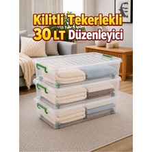 Loremp 3’lü Set 30 Lt Kilitli Tekerlekli Saklama Kutusu Şeffaf Yatak Altı Düzenleyici Kutu 63X40X18 cm