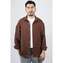Keten Dokulu Relaxed Fit Erkek Gömlek | Ventov Kahverengi - L