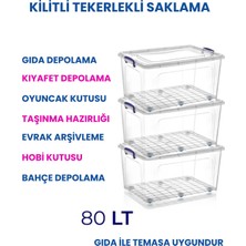 Loremp 79 Lt Tekerlekli Şeffaf Saklama Kutusu Kilit Kapaklı Gıda Temasına Uygun Kıyafet ve Oyuncak Depolama