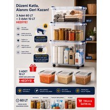 Loremp 3’lü 60 Lt Tekerlekli Saklama Kutusu + 3 Adet 10 Lt Hediye Kilitli Kapak Şeffaf Kutu
