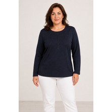 Bihan Store Yuvarlak Yaka Önü Boncuk Işlemeli Uzun Kollu Kadın Penye Bluz Y26-658-LACIVERT